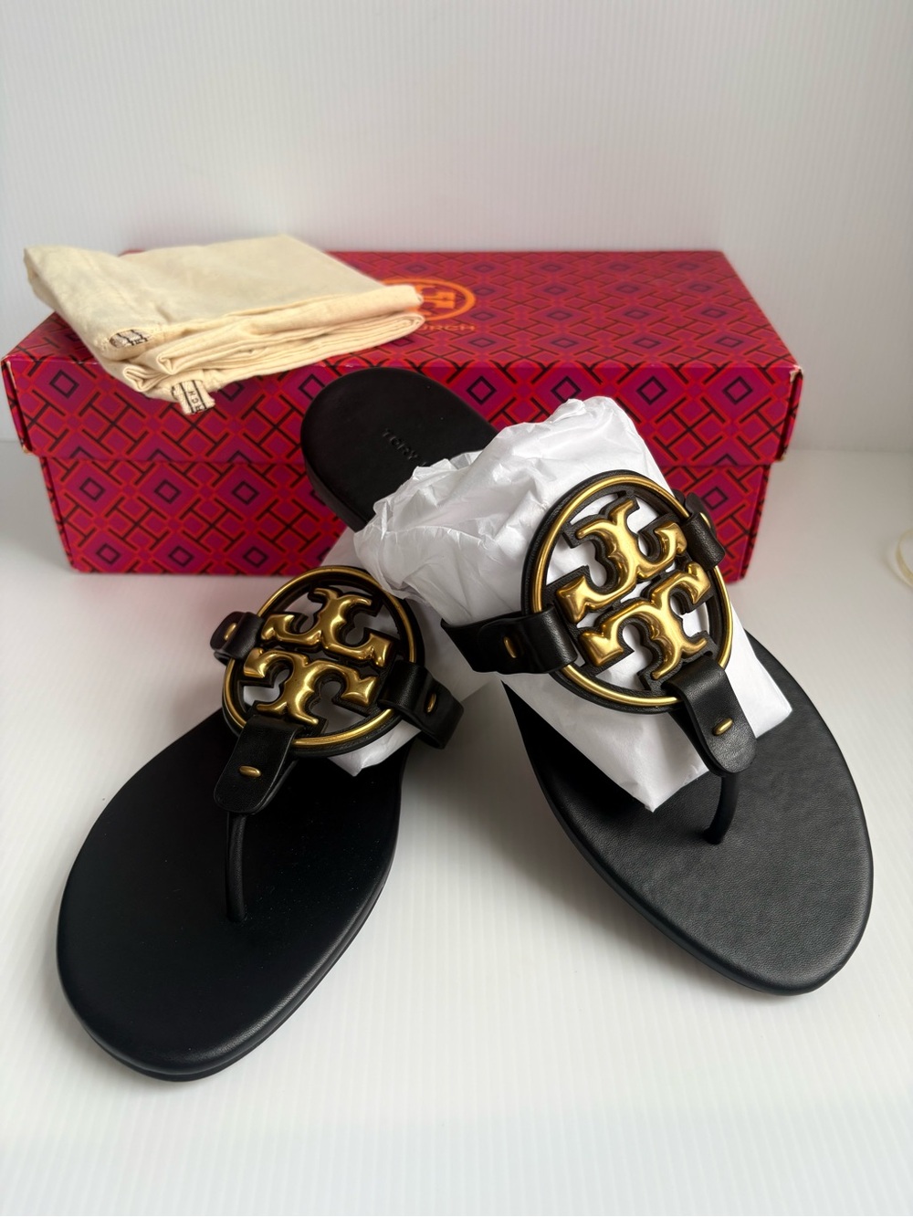 Tory Burch Miller Sandal Size7 M  Perfect Black /Gold Hardware New